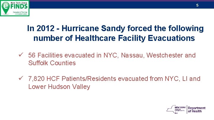 5 In 2012 - Hurricane Sandy forced the following number of Healthcare Facility Evacuations