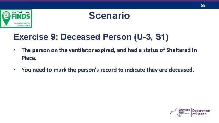 55 Scenario Exercise 9: Deceased Person (U-3, S 1) • The person on the