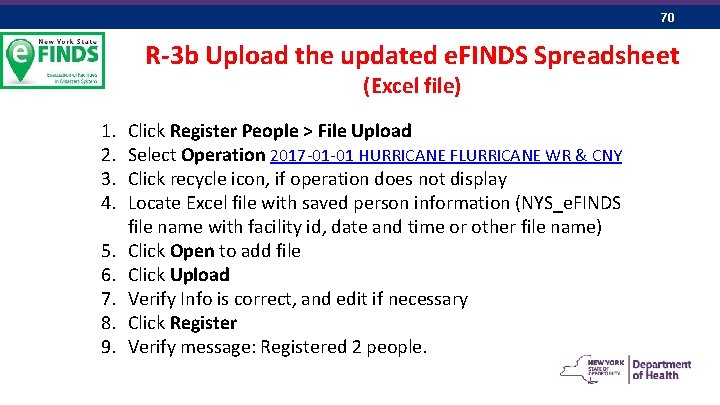 70 R-3 b Upload the updated e. FINDS Spreadsheet (Excel file) 1. 2. 3.
