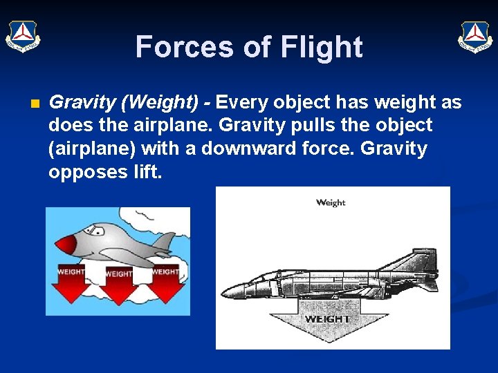 Forces of Flight n Gravity (Weight) - Every object has weight as does the