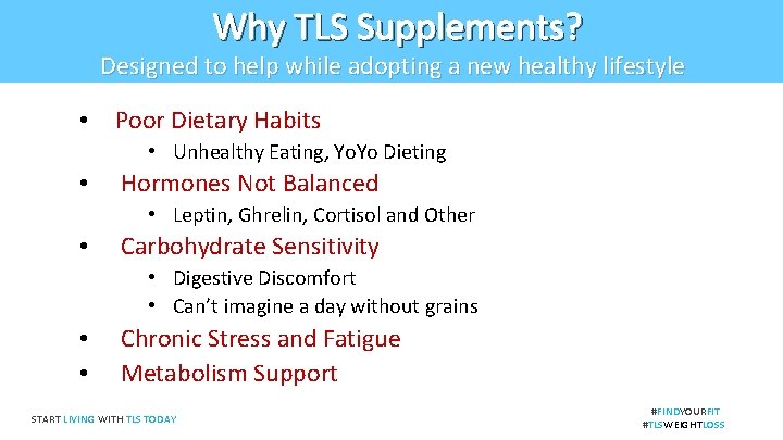 Why TLS Supplements? Designed to help while adopting a new healthy lifestyle • Poor