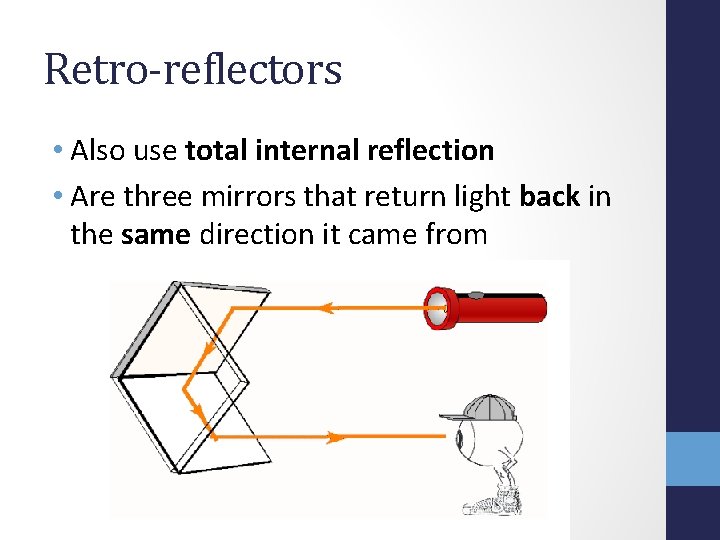 Retro-reflectors • Also use total internal reflection • Are three mirrors that return light