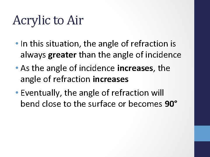 Acrylic to Air • In this situation, the angle of refraction is always greater