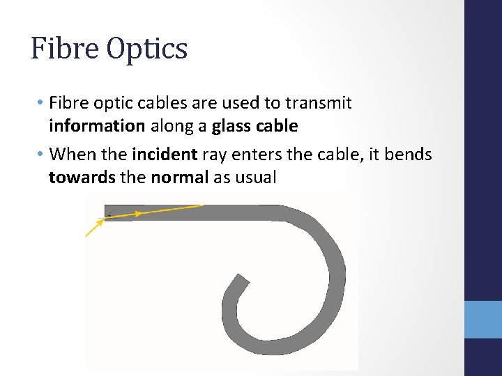 Fibre Optics • Fibre optic cables are used to transmit information along a glass
