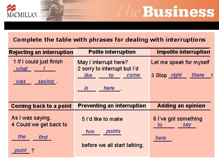Complete the table with phrases for dealing with interruptions Rejecting an interruption 1 If