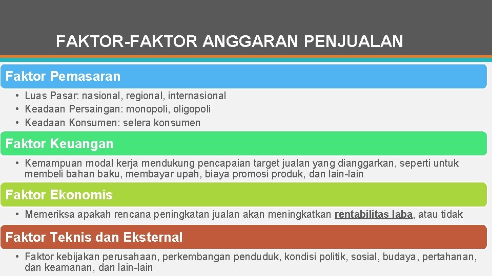 FAKTOR-FAKTOR ANGGARAN PENJUALAN Faktor Pemasaran • Luas Pasar: nasional, regional, internasional • Keadaan Persaingan: