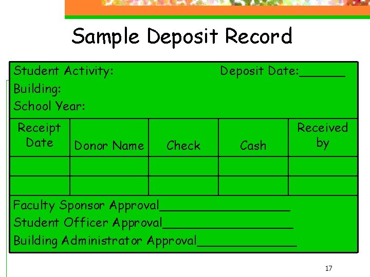 Sample Deposit Record Student Activity: Building: School Year: Receipt Date Donor Name Deposit Date: