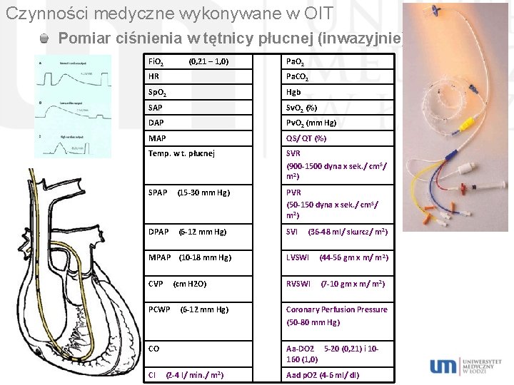 Czynności medyczne wykonywane w OIT Pomiar ciśnienia w tętnicy płucnej (inwazyjnie). Fi. O 2