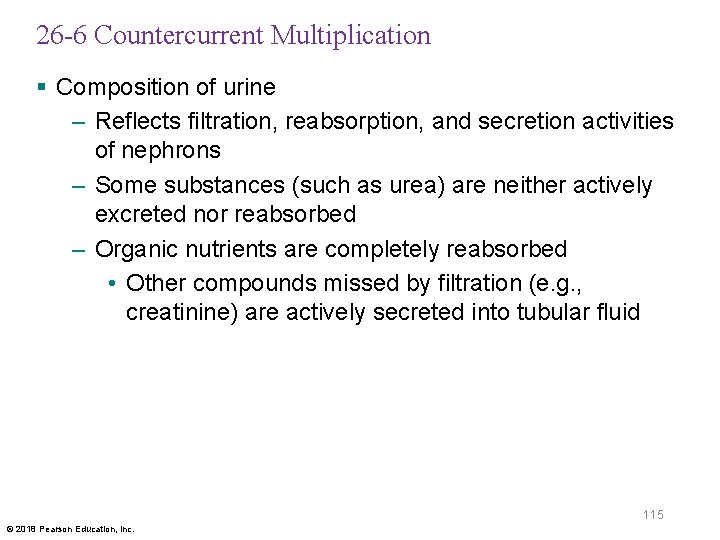 26 -6 Countercurrent Multiplication § Composition of urine – Reflects filtration, reabsorption, and secretion