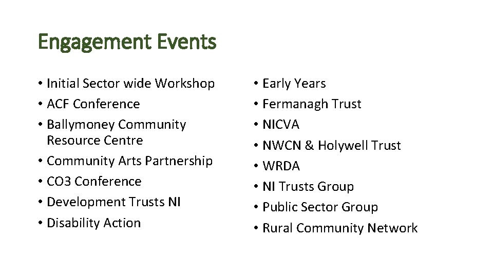 Engagement Events • Initial Sector wide Workshop • ACF Conference • Ballymoney Community Resource