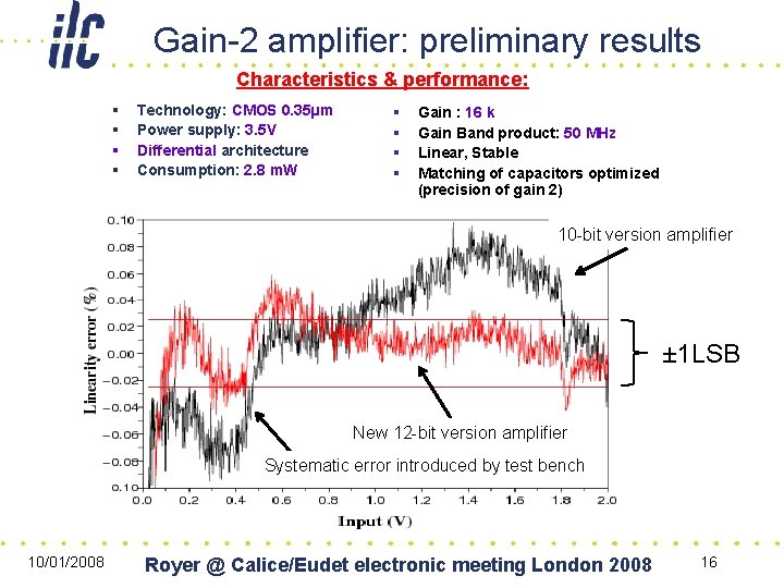 Gain-2 amplifier: preliminary results Characteristics & performance: § § Technology: CMOS 0. 35µm Power