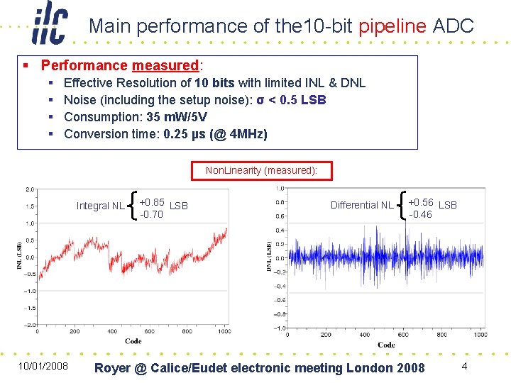 Main performance of the 10 -bit pipeline ADC § Performance measured: § § Effective