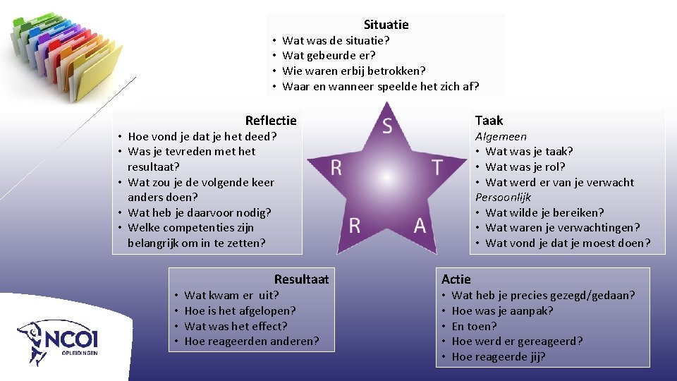 Situatie • • Wat was de situatie? Wat gebeurde er? Wie waren erbij betrokken?