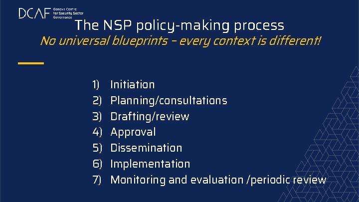 The NSP policy-making process No universal blueprints – every context is different! 1) 2)
