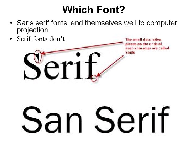 Which Font? • Sans serif fonts lend themselves well to computer projection. • Serif