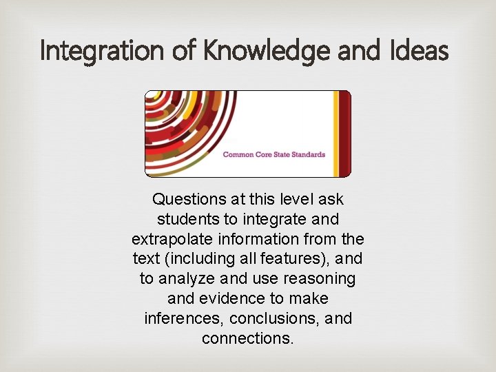 Integration of Knowledge and Ideas Questions at this level ask students to integrate and