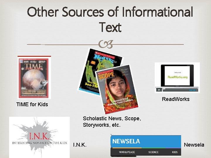 Other Sources of Informational Text Read. Works TIME for Kids Scholastic News, Scope, Storyworks,