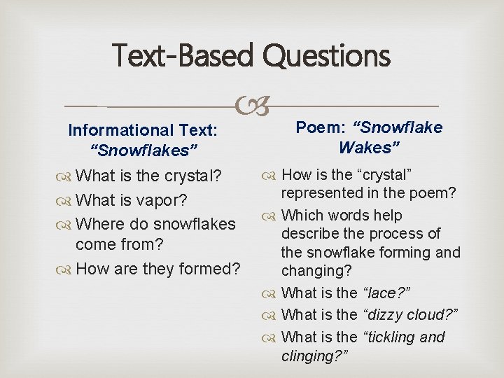 Text-Based Questions Informational Text: “Snowflakes” What is the crystal? What is vapor? Where do