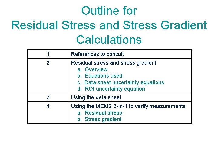 Outline for Residual Stress and Stress Gradient Calculations 1 References to consult 2 Residual