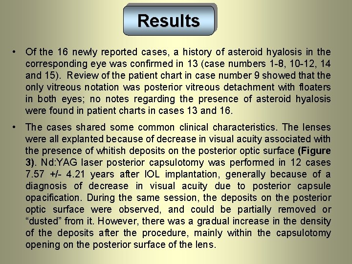 Results • Of the 16 newly reported cases, a history of asteroid hyalosis in