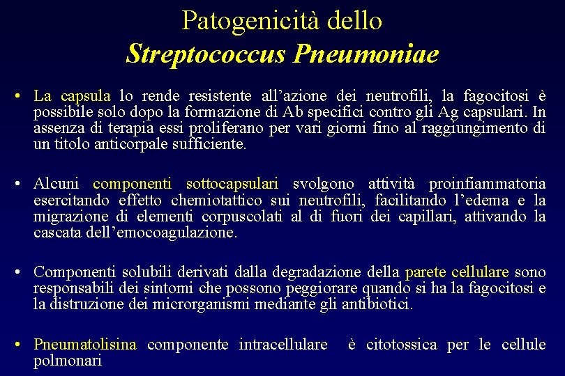 Patogenicità dello Streptococcus Pneumoniae • La capsula lo rende resistente all’azione dei neutrofili, la