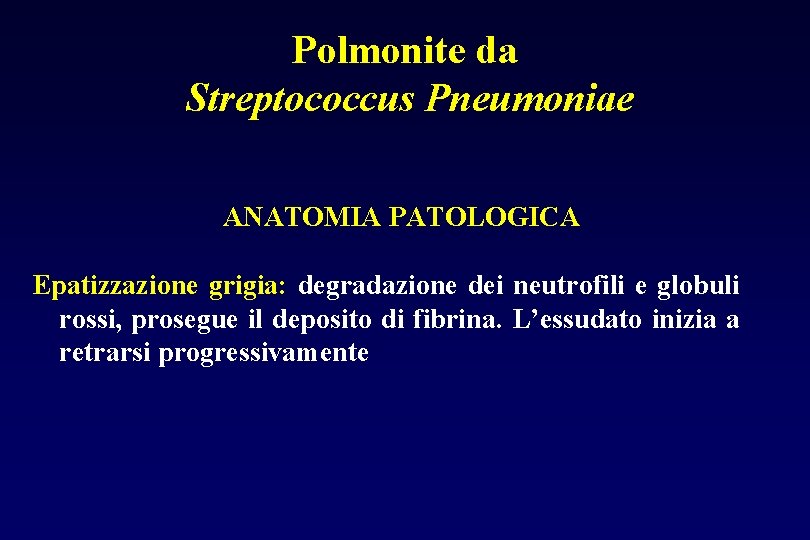 Polmonite da Streptococcus Pneumoniae ANATOMIA PATOLOGICA Epatizzazione grigia: degradazione dei neutrofili e globuli rossi,