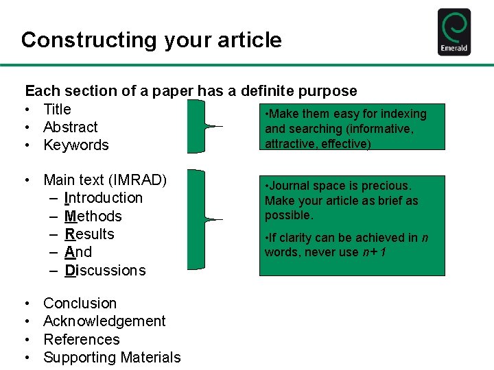 Constructing your article Each section of a paper has a definite purpose • Title