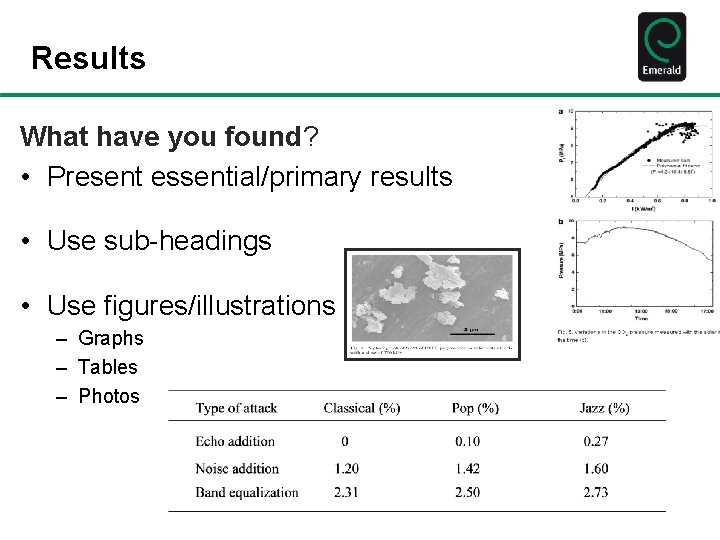 Results What have you found? • Present essential/primary results • Use sub-headings • Use