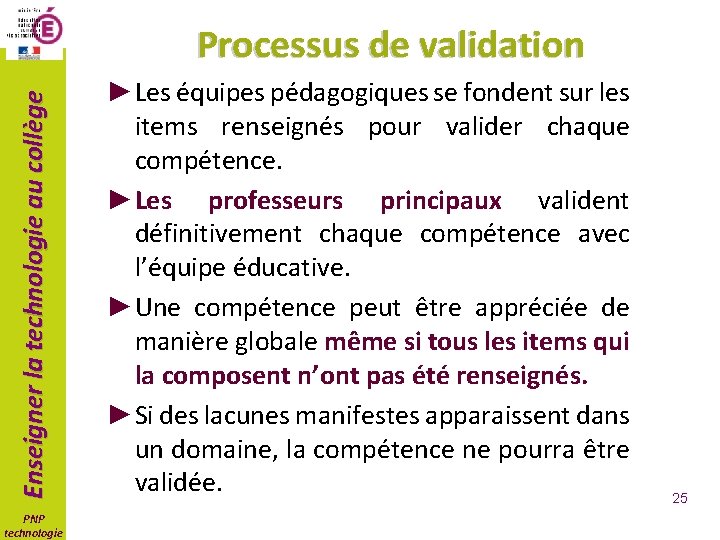 Enseigner la technologie au collège Processus de validation PNP technologie ►Les équipes pédagogiques se