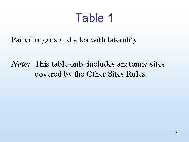 Table 1 Paired organs and sites with laterality Note: This table only includes anatomic