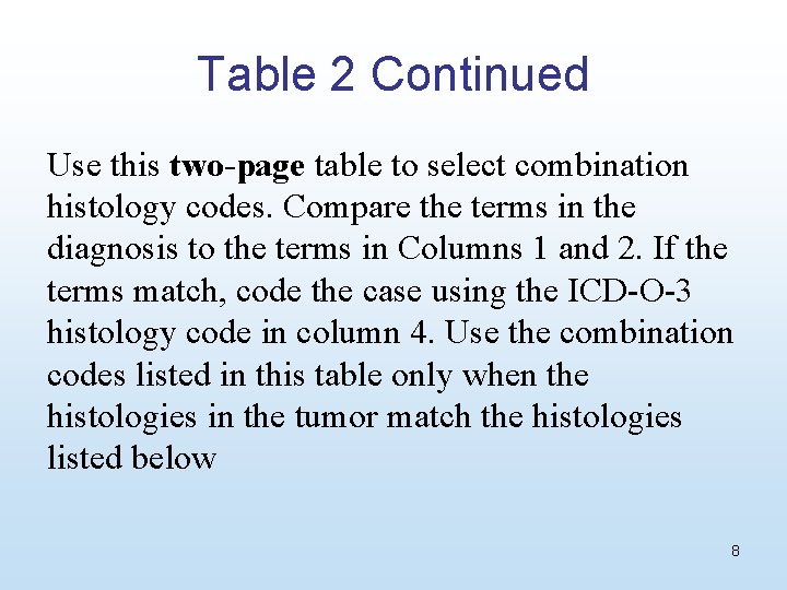 Table 2 Continued Use this two-page table to select combination histology codes. Compare the
