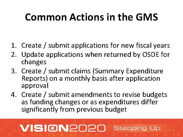 Common Actions in the GMS 1. Create / submit applications for new fiscal years