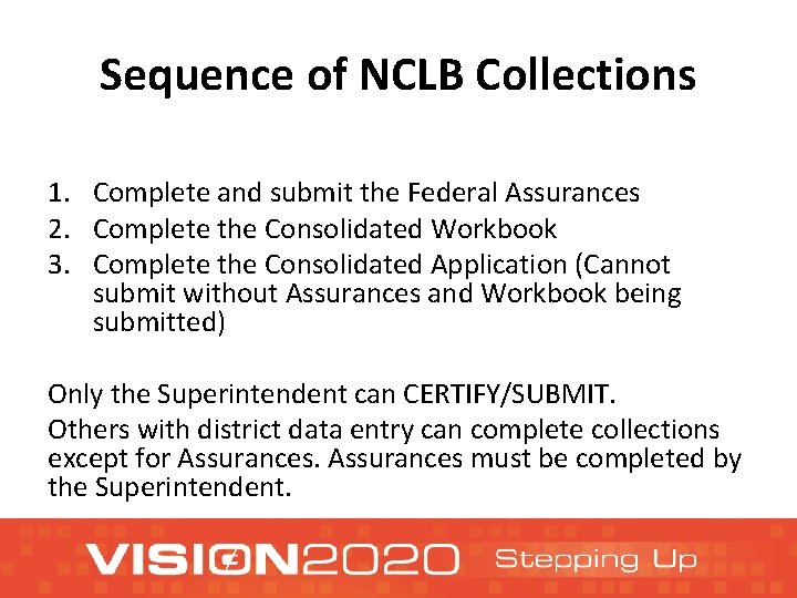 Sequence of NCLB Collections 1. Complete and submit the Federal Assurances 2. Complete the