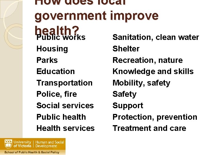 How does local government improve health? Public works Sanitation, clean water Housing Parks Education