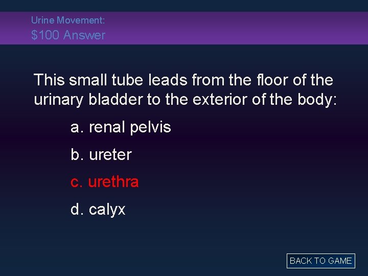 Urine Movement: $100 Answer This small tube leads from the floor of the urinary
