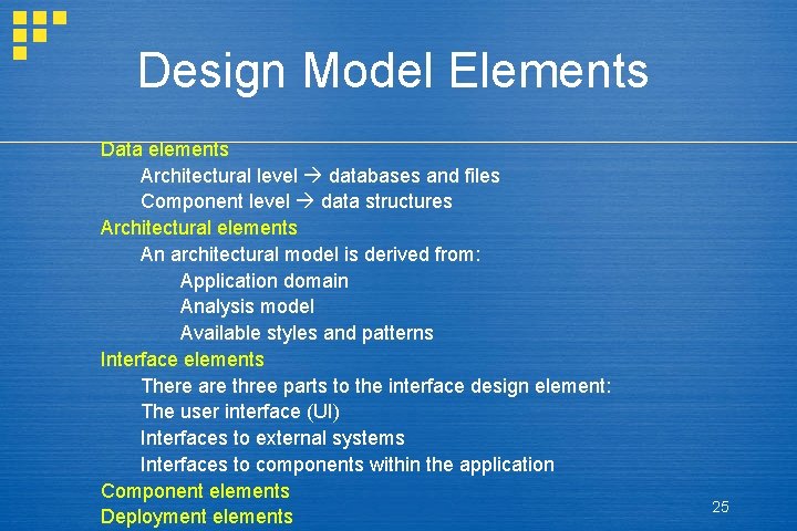 Design Model Elements Data elements Architectural level databases and files Component level data structures