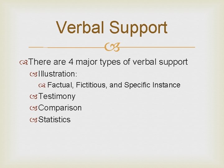 Verbal Support There are 4 major types of verbal support Illustration: Factual, Fictitious, and Verbal Support There are 4 major types of verbal support Illustration: Factual, Fictitious, and