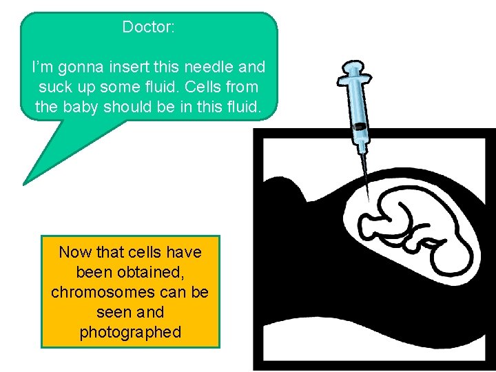 Doctor: I’m gonna insert this needle and suck up some fluid. Cells from the