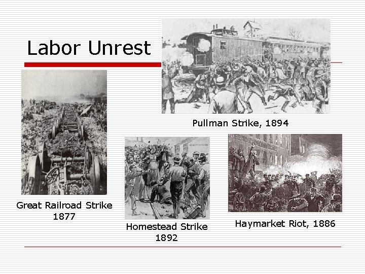 Labor Unrest Pullman Strike, 1894 Great Railroad Strike 1877 Homestead Strike 1892 Haymarket Riot,