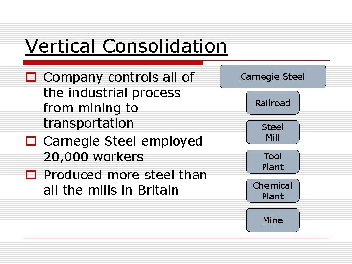 Vertical Consolidation o Company controls all of the industrial process from mining to transportation