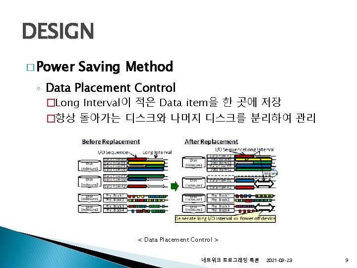 DESIGN � Power Saving Method ◦ Data Placement Control �Long Interval이 적은 Data item을 DESIGN � Power Saving Method ◦ Data Placement Control �Long Interval이 적은 Data item을