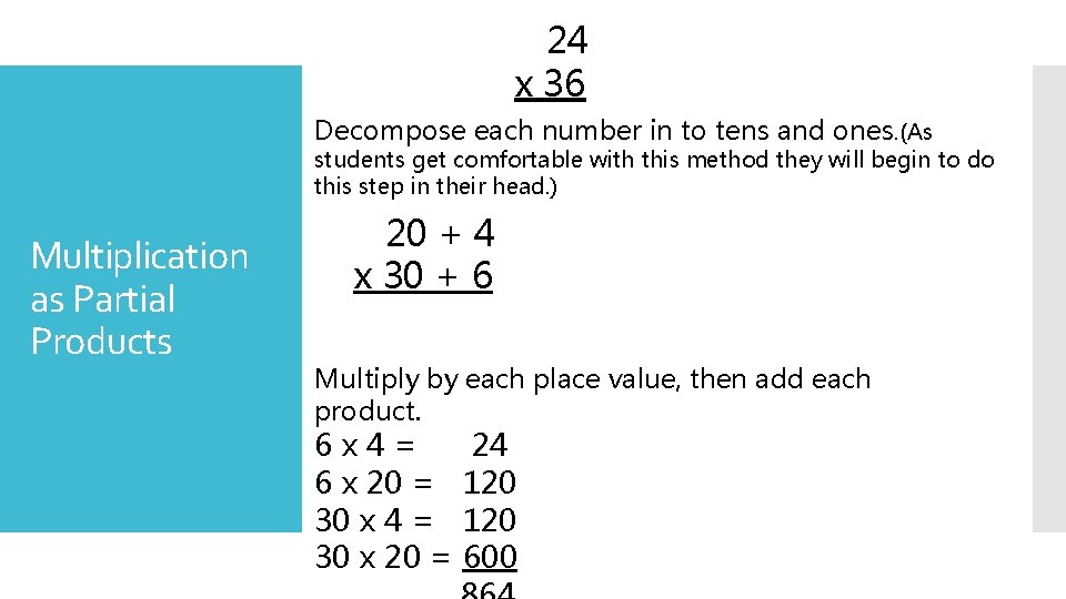 24 x 36 Decompose each number in to tens and ones. (As students get