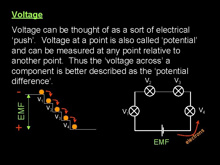 Voltage can be thought of as a sort of electrical ‘push’. Voltage at a