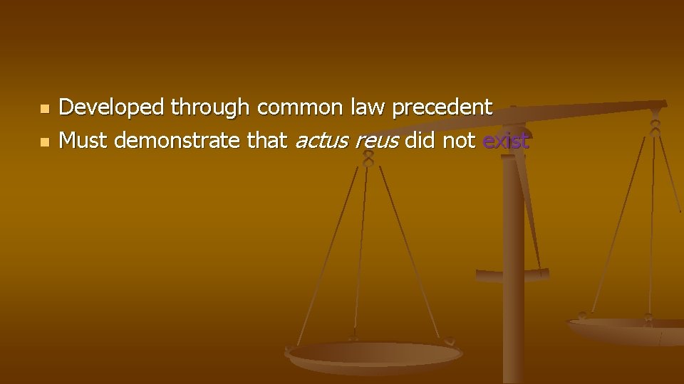 n n Developed through common law precedent Must demonstrate that actus reus did not