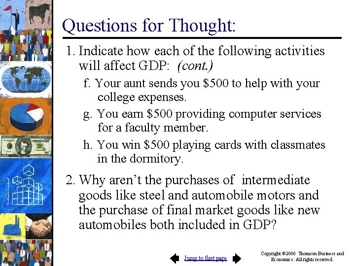 Questions for Thought: 1. Indicate how each of the following activities will affect GDP: