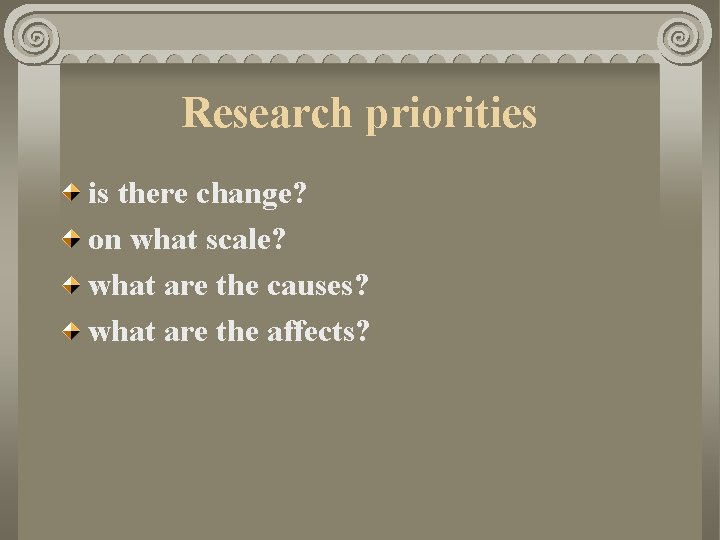 Research priorities is there change? on what scale? what are the causes? what are