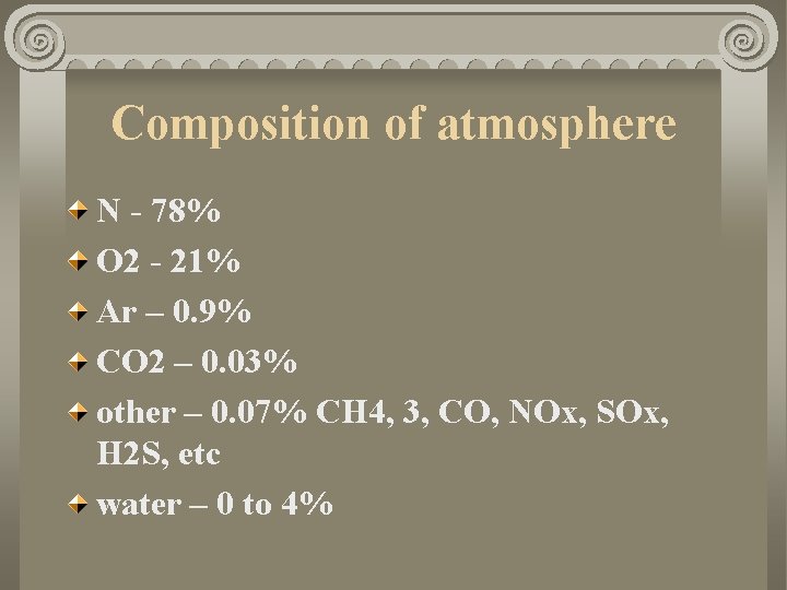 Composition of atmosphere N - 78% O 2 - 21% Ar – 0. 9%