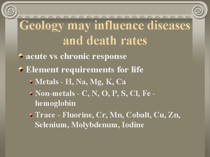 Geology may influence diseases and death rates acute vs chronic response Element requirements for