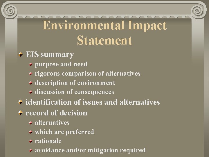 Environmental Impact Statement EIS summary purpose and need rigorous comparison of alternatives description of