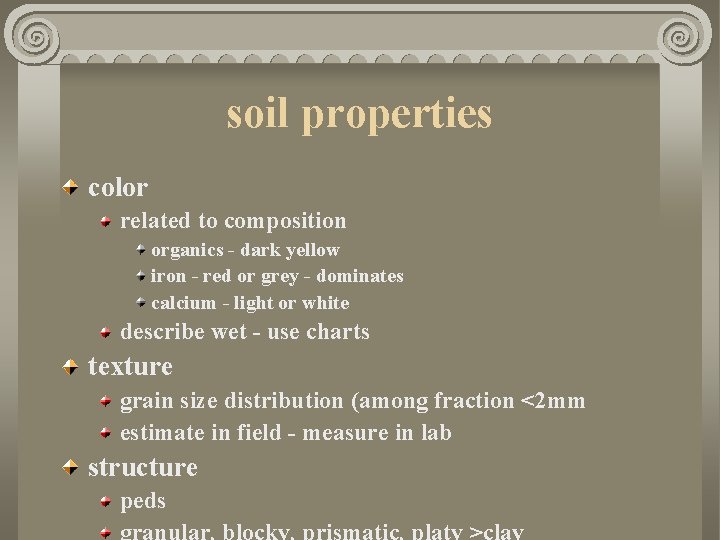 soil properties color related to composition organics - dark yellow iron - red or